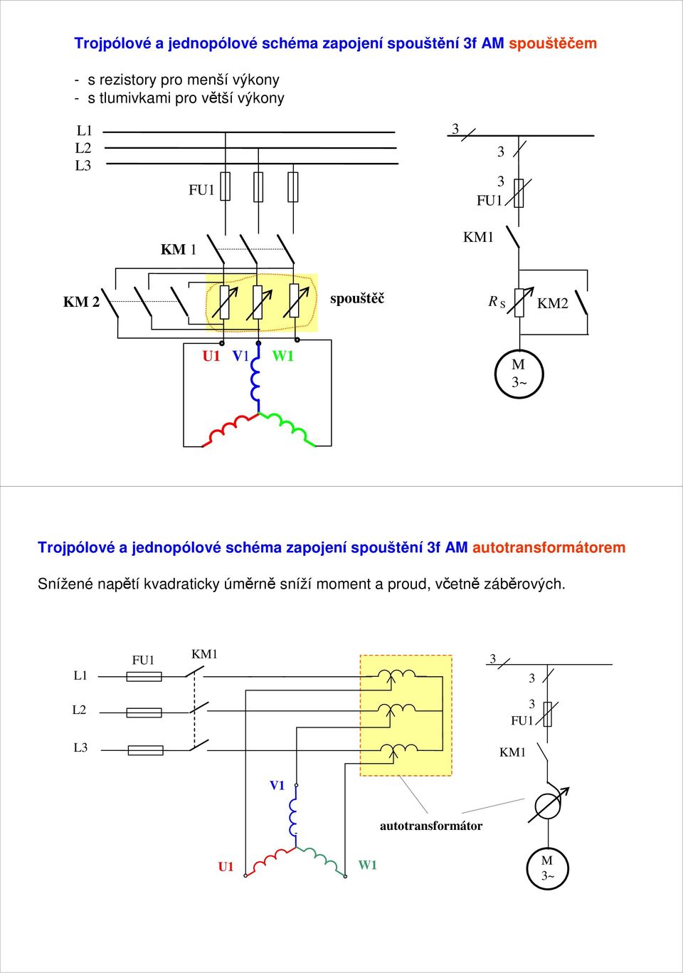 Trojpólové a jednopólové schéma zapojení spouštění f A autotransformátorem Snížené napětí