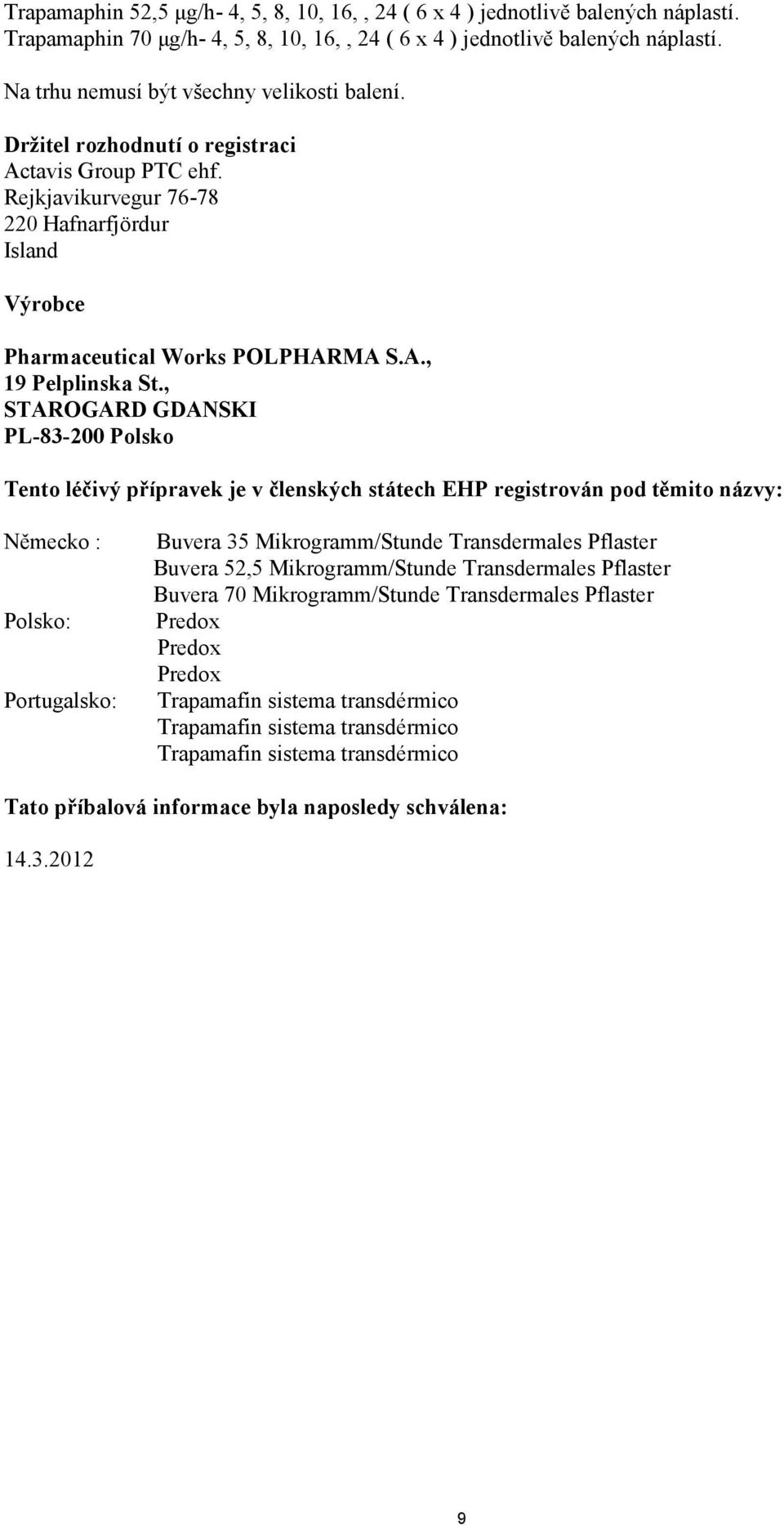 , STAROGARD GDANSKI PL-83-200 Polsko Tento léčivý přípravek je v členských státech EHP registrován pod těmito názvy: Německo : Polsko: Portugalsko: Buvera 35 Mikrogramm/Stunde Transdermales Pflaster