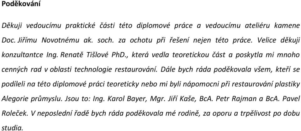 , která vedla teoretickou část a poskytla mi mnoho cenných rad v oblasti technologie restaurování.