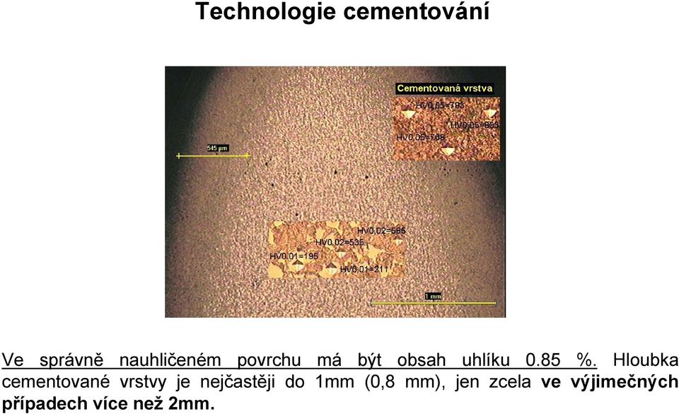 Hloubka cementované vrstvy je nejčastěji do 1mm