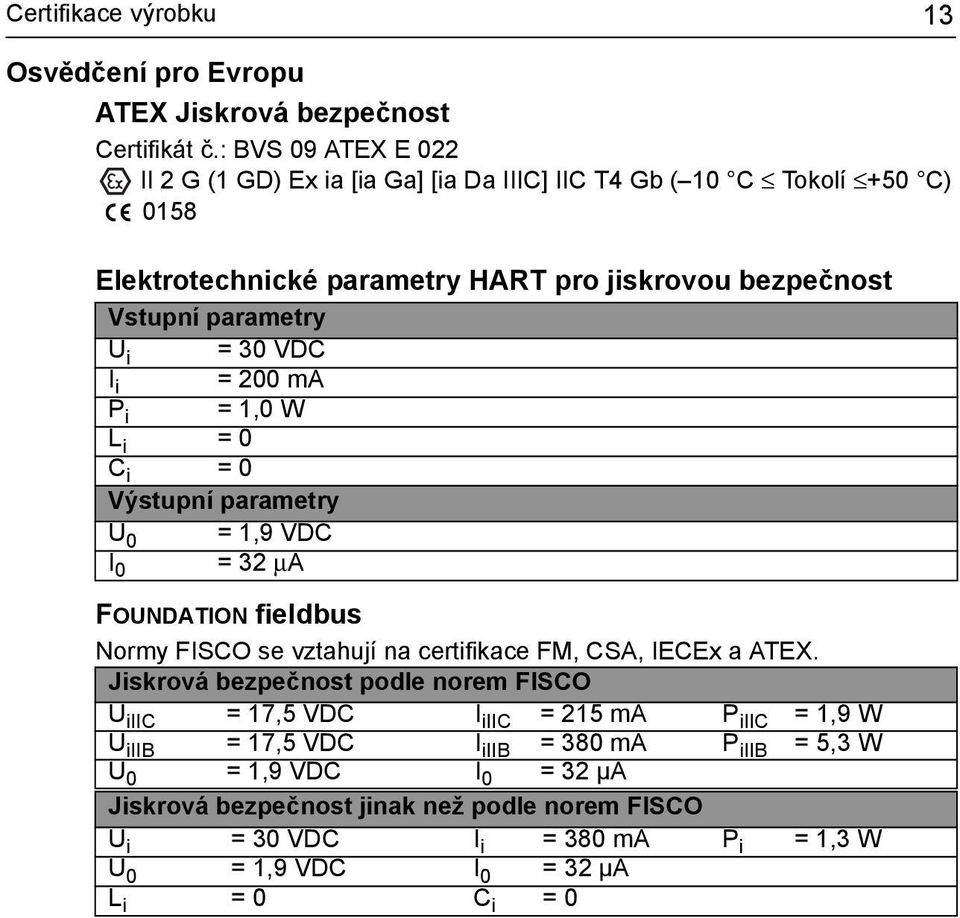 VDC I i = 200 ma P i = 1,0 W L i = 0 C i = 0 Výstupní parametry U 0 = 1,9 VDC = 32 μa I 0 FOUNDATION fieldbus Normy FISCO se vztahují na certifikace FM, CSA, IECEx a ATEX.