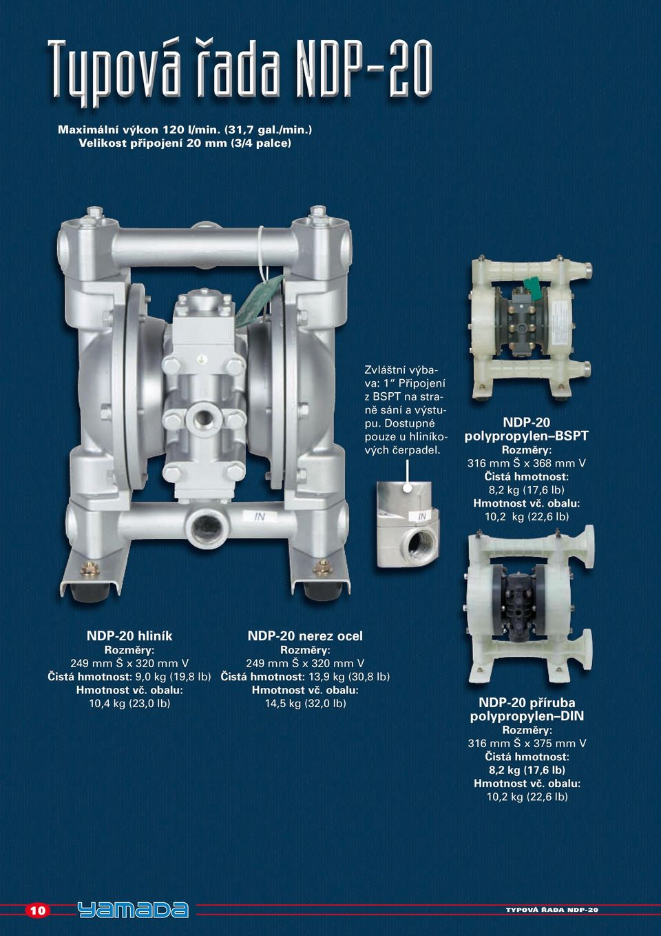 NDP-20 polypropylen BSPT 316 mm Š x 368 mm V Čistá hmotnost: 8,2 kg (17,6 lb) 10,2 kg (22,6 lb) NDP-20 hliník 249 mm Š x 320 mm V Čistá hmotnost: