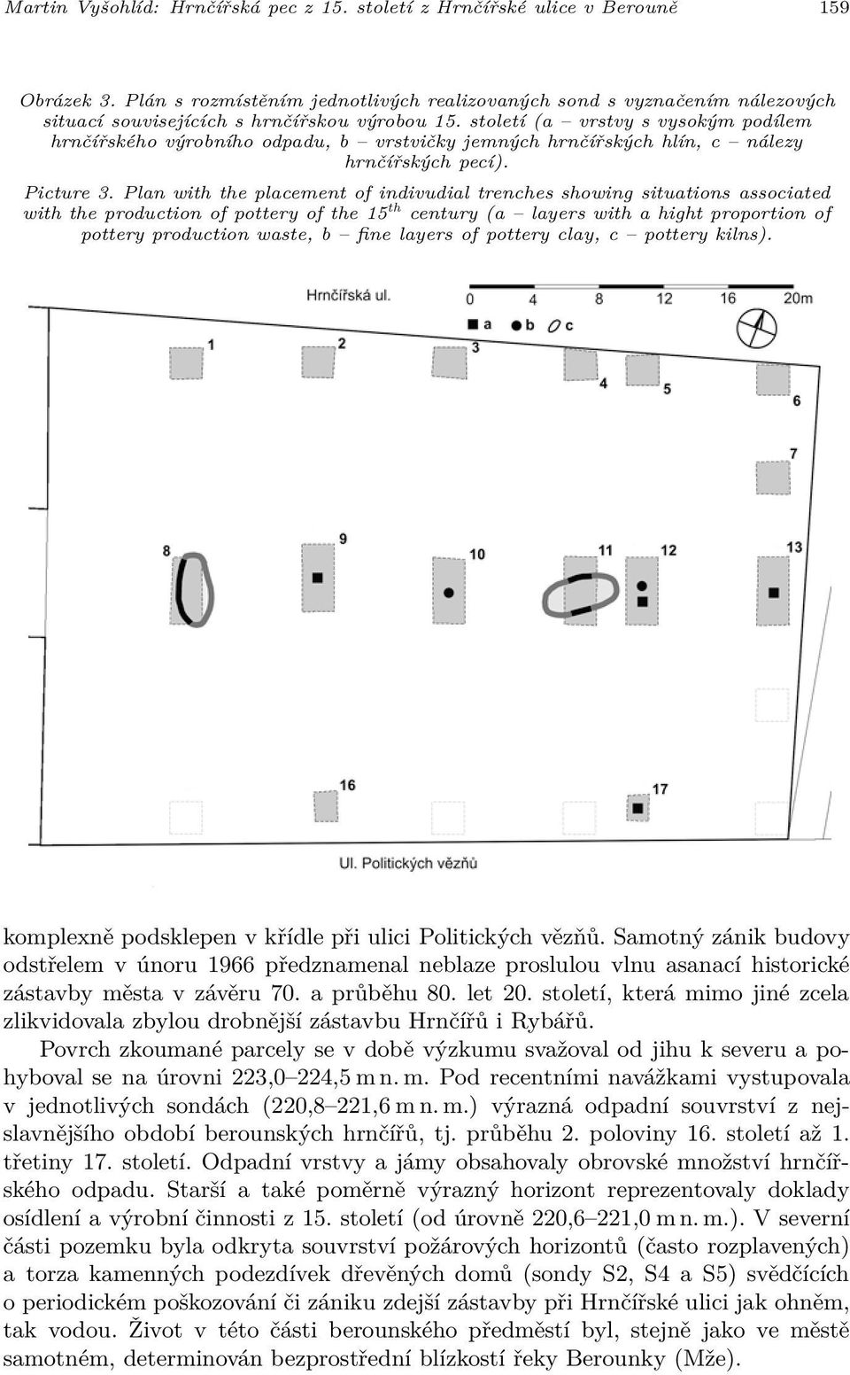 století (a vrstvy s vysokým podílem hrnčířského výrobního odpadu, b vrstvičky jemných hrnčířských hlín, c nálezy hrnčířských pecí). Picture 3.