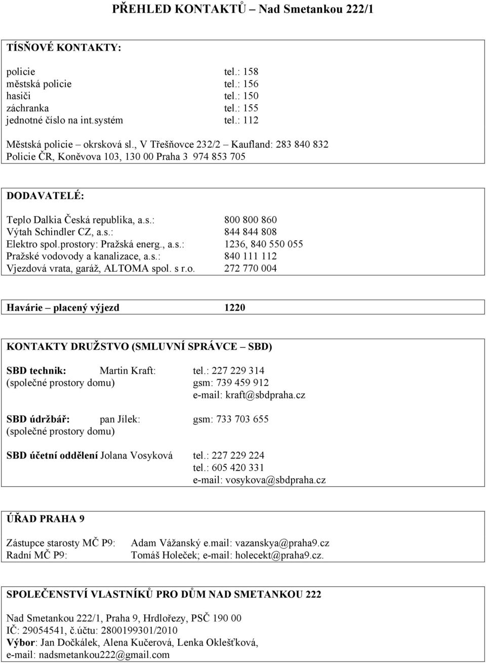 s.: 844 844 808 Elektro spol.prostory: Pražská energ., a.s.: 1236, 840 550 055 Pražské vodovody a kanalizace, a.s.: 840 111 112 Vjezdová vrata, garáž, ALTOMA spol. s r.o. 272 770 004 Havárie placený výjezd 1220 KONTAKTY DRUŽSTVO (SMLUVNÍ SPRÁVCE SBD) SBD technik: Martin Kraft: tel.