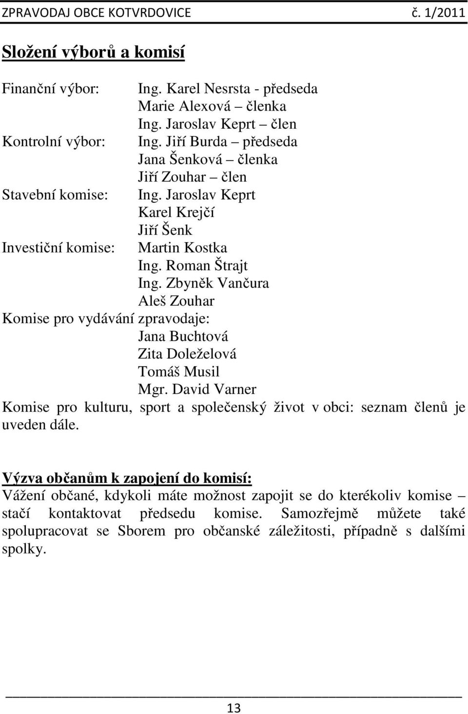 Zbyněk Vančura Aleš Zouhar Komise pro vydávání zpravodaje: Jana Buchtová Zita Doleželová Tomáš Musil Mgr.