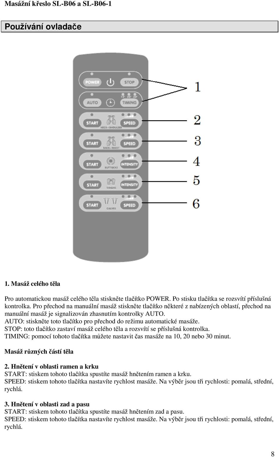 AUTO: stiskněte toto tlačítko pro přechod do režimu automatické masáže. STOP: toto tlačítko zastaví masáž celého těla a rozsvítí se příslušná kontrolka.