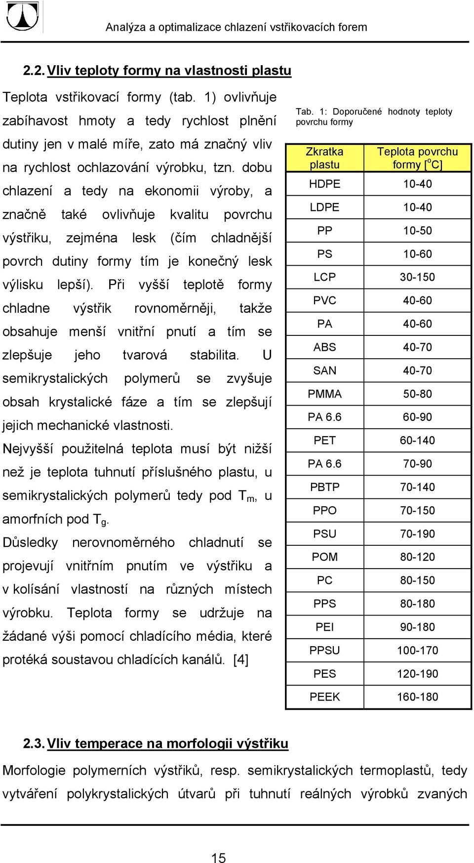 dobu chlazení a tedy na ekonomii výroby, a značně také ovlivňuje kvalitu povrchu výstřiku, zejména lesk (čím chladnější povrch dutiny formy tím je konečný lesk výlisku lepší).