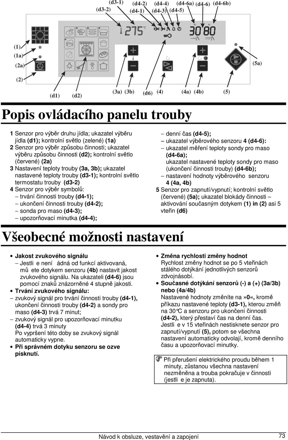 ukazatel nastavené teploty trouby (d3-1); kontrolní světlo termostatu trouby (d3-) 4 Senzor pro výběr symbolů: trvání činnosti trouby (d4-1); ukončení činnosti trouby (d4-); sonda pro maso (d4-3);