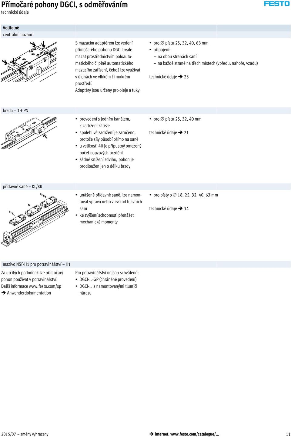 pro pístu 25, 32, 40, 63 mm připojení: na obou stranách saní na každé straně na třech místech (vpředu, nahoře, vzadu) technické údaje 23 brzda 1H-PN provedení s jedním kanálem, k zadržení zátěže