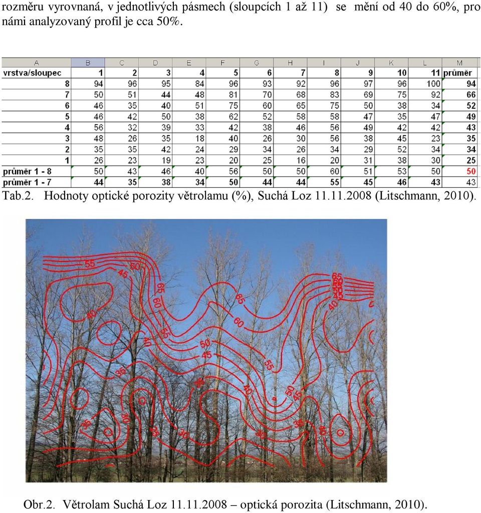 Hodnoty optické porozity větrolamu (%), Suchá Loz 11.