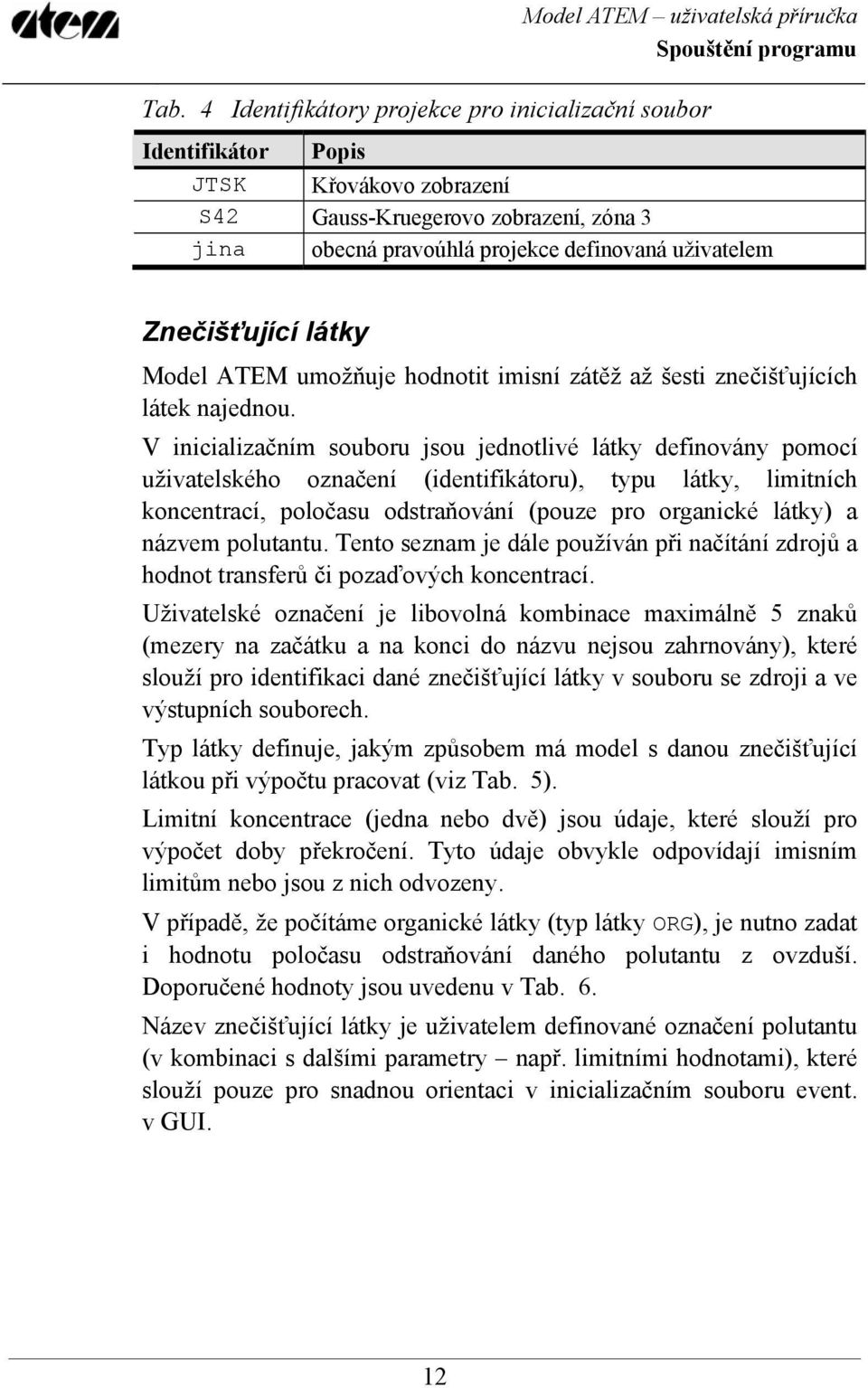 V inicializačním souboru jsou jednotlivé látky definovány pomocí uživatelského označení (identifikátoru), typu látky, limitních koncentrací, poločasu odstraňování (pouze pro organické látky) a názvem