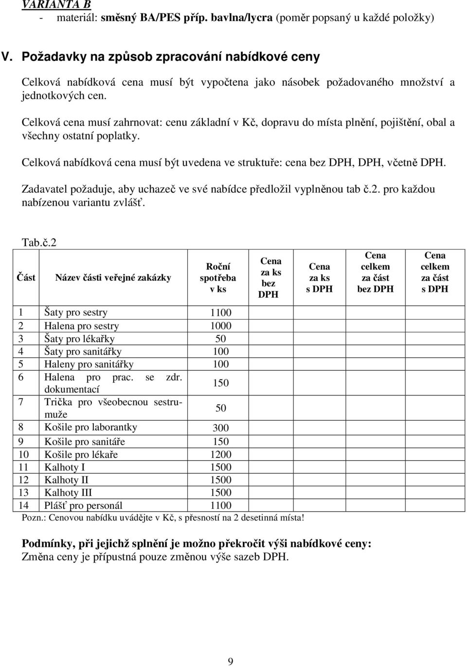 Celková cena musí zahrnovat: cenu základní v Kč, dopravu do místa plnění, pojištění, obal a všechny ostatní poplatky.