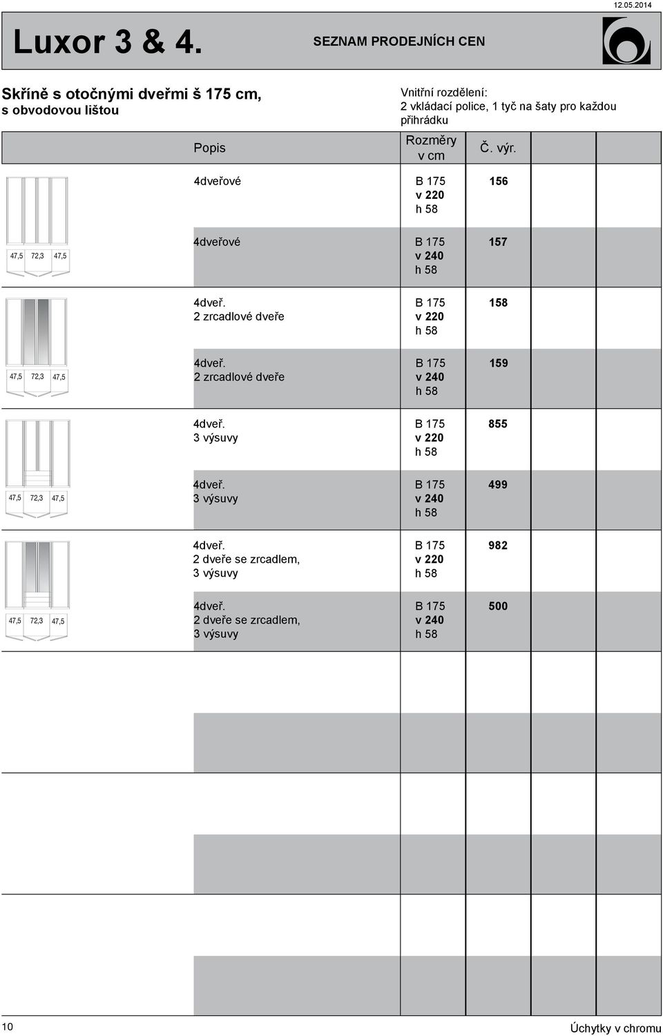 2 zrcadlové dveře B 175 v 1 47,5 72,3 47,5 4dveř. 2 zrcadlové dveře B 175 v 159 4dveř.