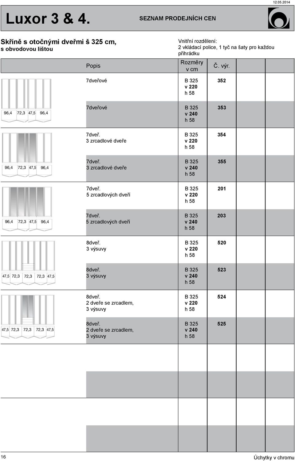 3 zrcadlové dveře B 325 v 355 7dveř. 5 zrcadlových dveří B 325 v 201 96,4 72,3 47,5 96,4 7dveř. 5 zrcadlových dveří B 325 v 203 8dveř.