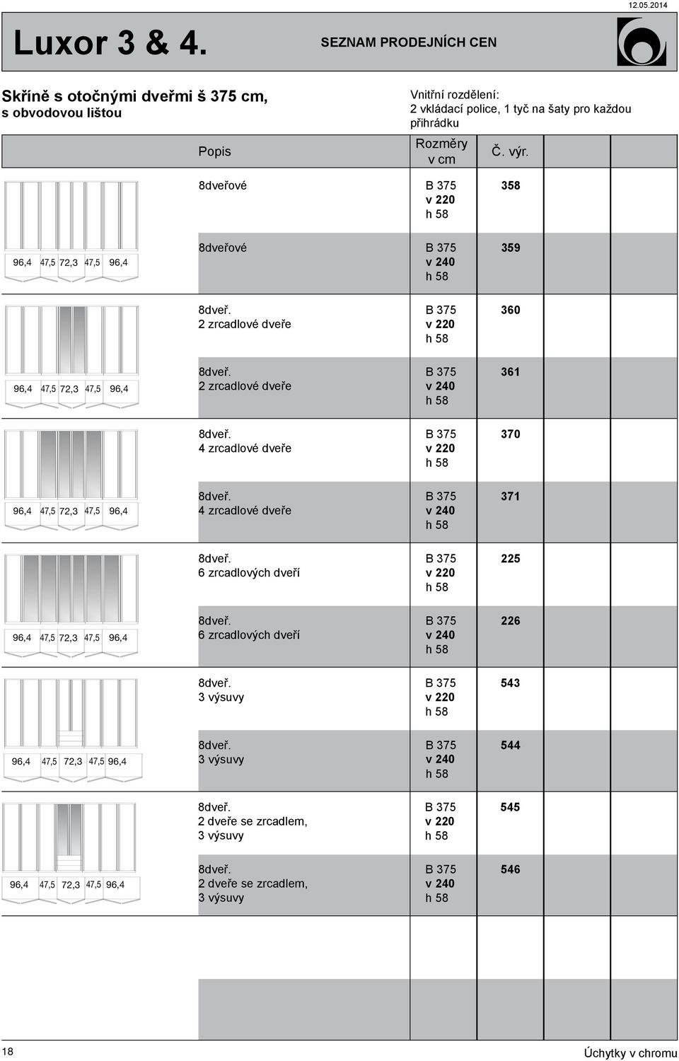 4 zrcadlové dveře B 375 v 370 96,4 47,5 72,3 47,5 96,4 8dveř. 4 zrcadlové dveře B 375 v 371 8dveř. 6 zrcadlových dveří B 375 v 225 96,4 47,5 72,3 47,5 96,4 8dveř.