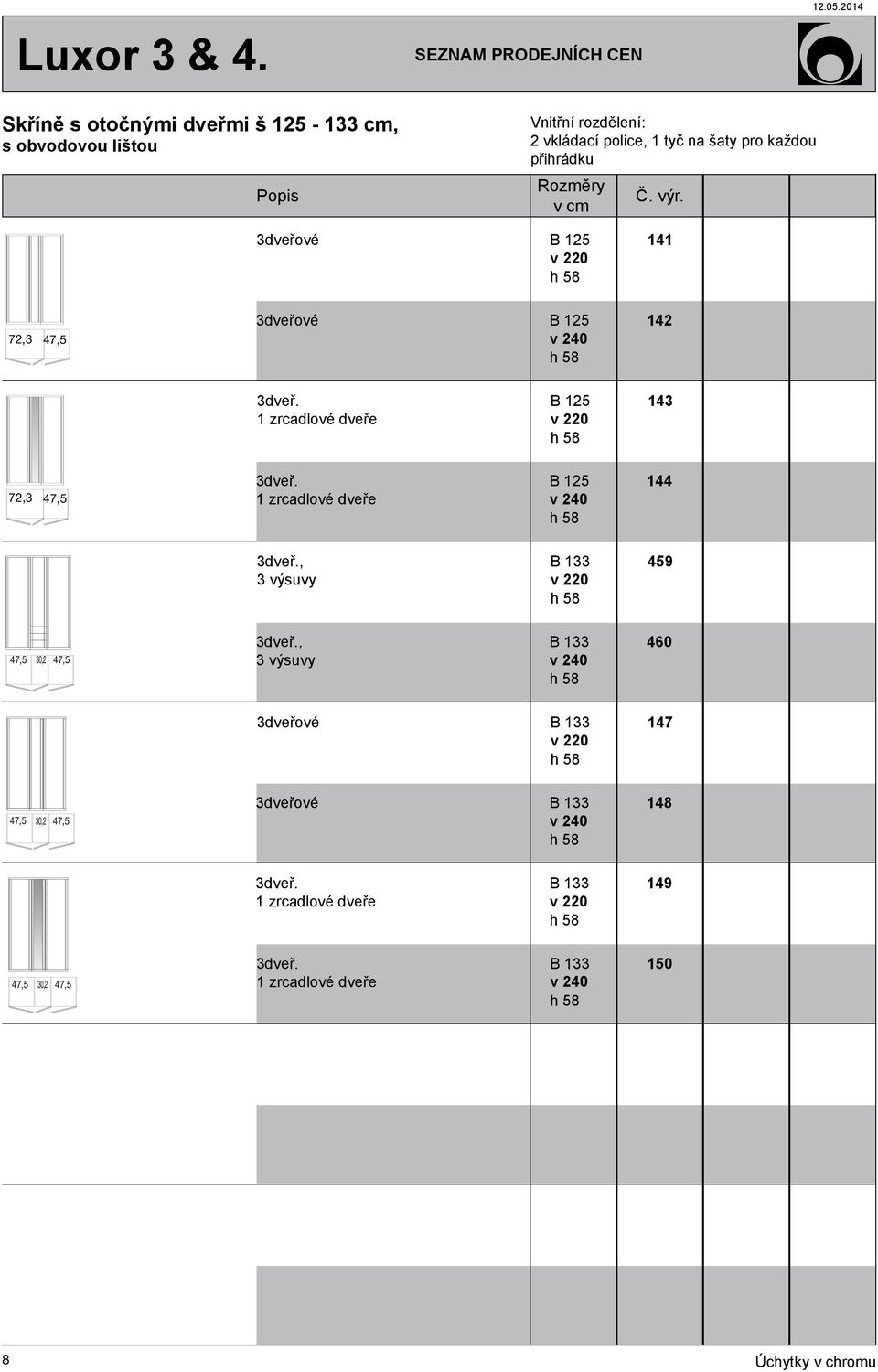 1 zrcadlové dveře B 125 v 143 72,3 47,5 3dveř. 1 zrcadlové dveře B 125 v 144 3dveř.