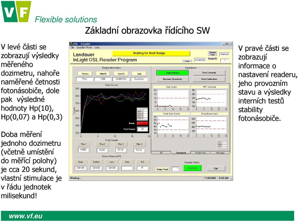 informace o nastavení readeru, jeho provozním stavu a výsledky interních testů stability fotonásobiče.