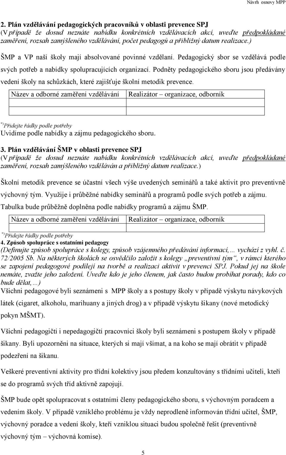 Podněty pedagogického sboru jsou předávány vedení školy na schůzkách, které zajišťuje školní metodik prevence.