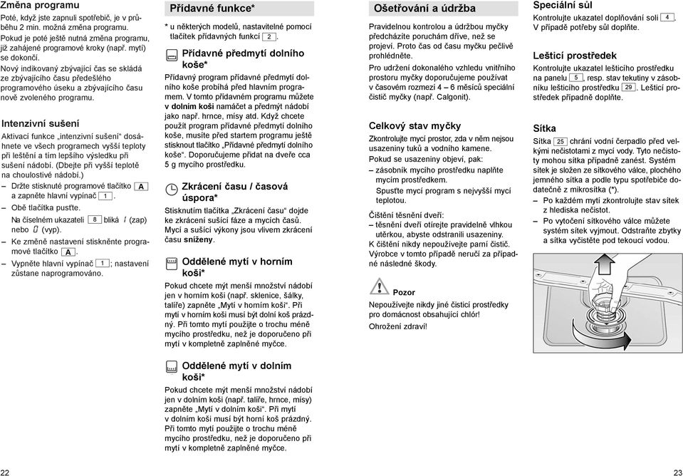 Intenzivní sušení Aktivací funkce intenzivní sušení dosáhnete ve všech programech vyšší teploty při leštění a tím lepšího výsledku při sušení nádobí. (Dbejte při vyšší teplotě na choulostivé nádobí.