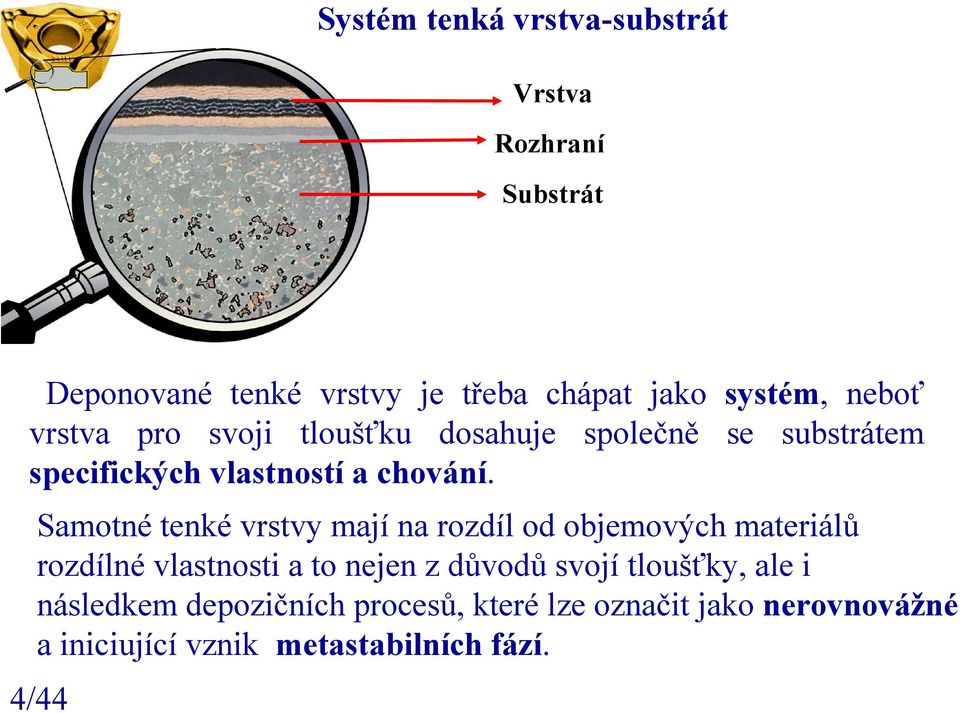 Samotné tenké vrstvy mají na rozdíl od objemových materiálů rozdílné vlastnosti a to nejen z důvodů svojí