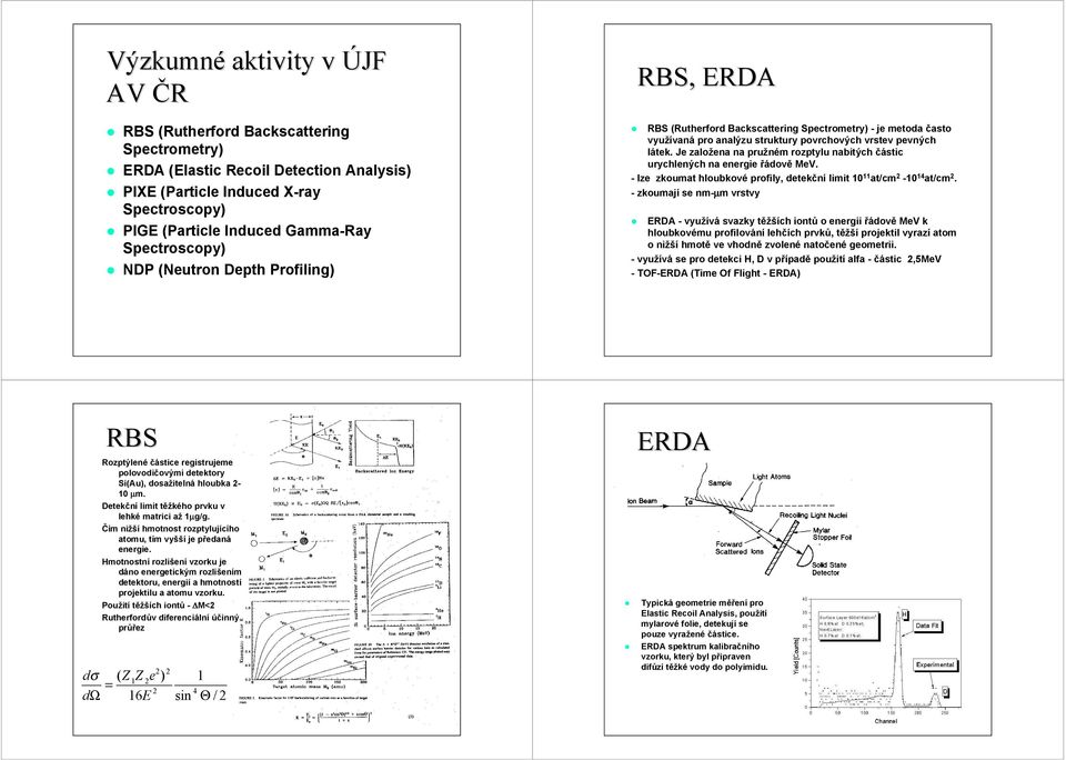 Je založena na pružném rozptylu nabitých částic urychlených na energie řádově MeV. - lze zkoumat hloubkové profily, detekční limit 10 11 at/cm 2-10 14 at/cm 2.
