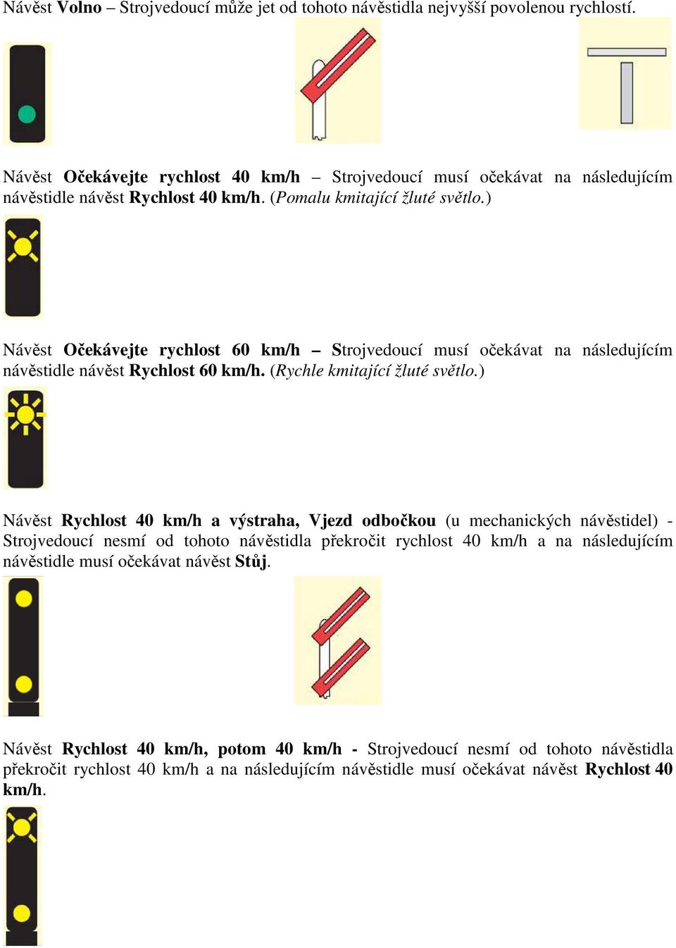 ) Návěst Očekávejte rychlost 60 km/h Strojvedoucí musí očekávat na následujícím návěstidle návěst Rychlost 60 km/h. (Rychle kmitající žluté světlo.