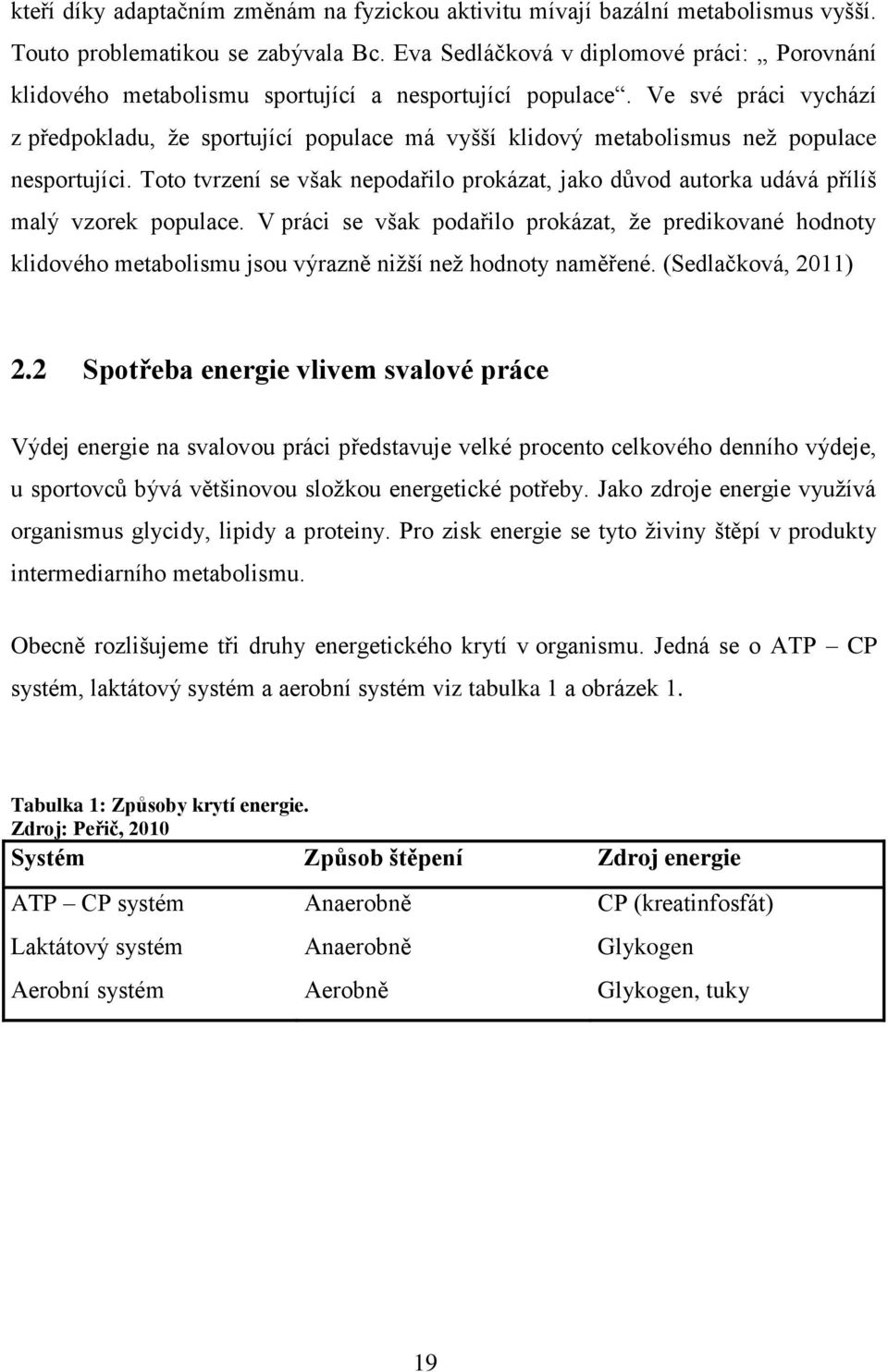 Ve své práci vychází z předpokladu, že sportující populace má vyšší klidový metabolismus než populace nesportujíci.