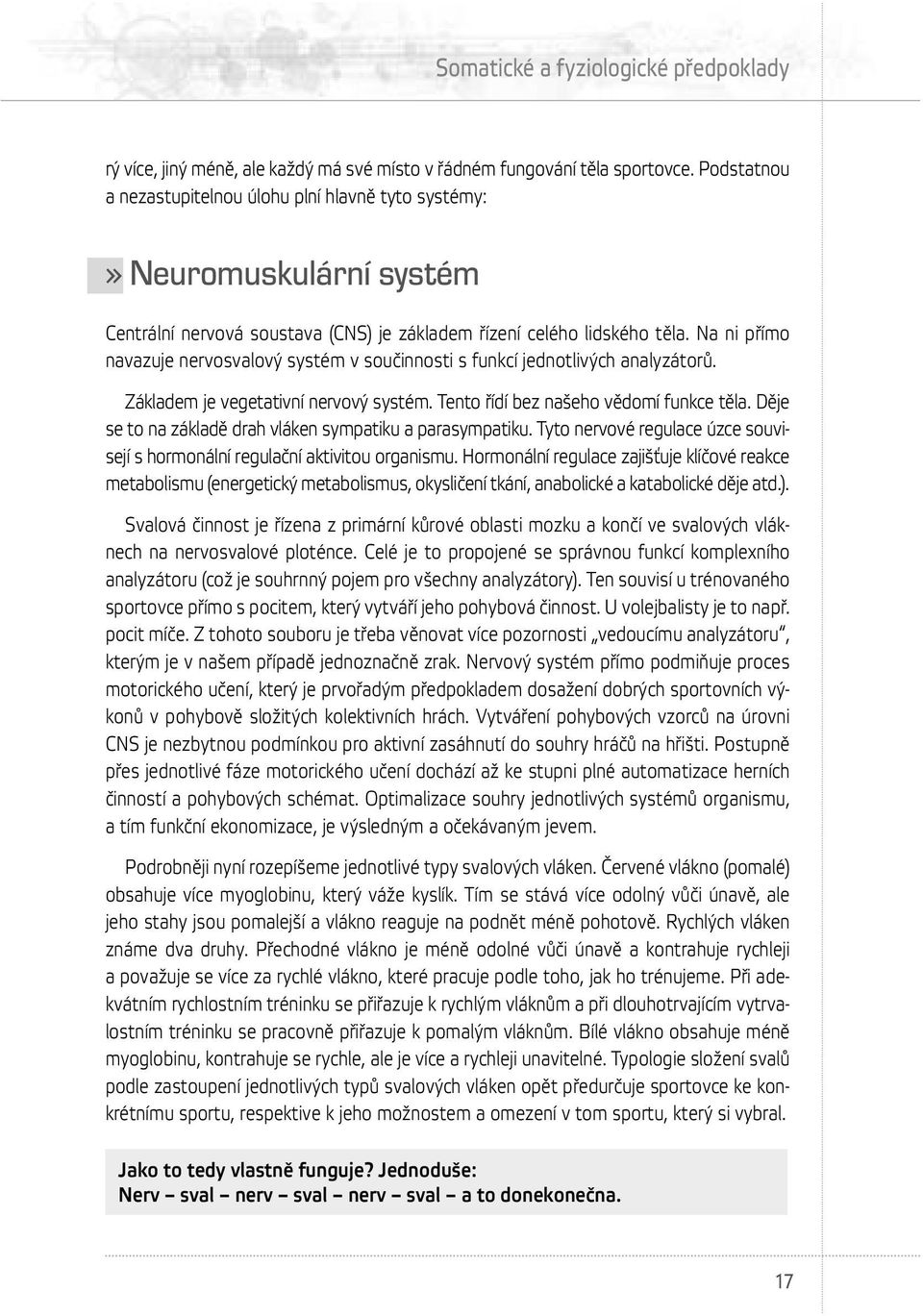 Na ni přímo navazuje nervosvalový systém v součinnosti s funkcí jednotlivých analyzátorů. Základem je vegetativní nervový systém. Tento řídí bez našeho vědomí funkce těla.