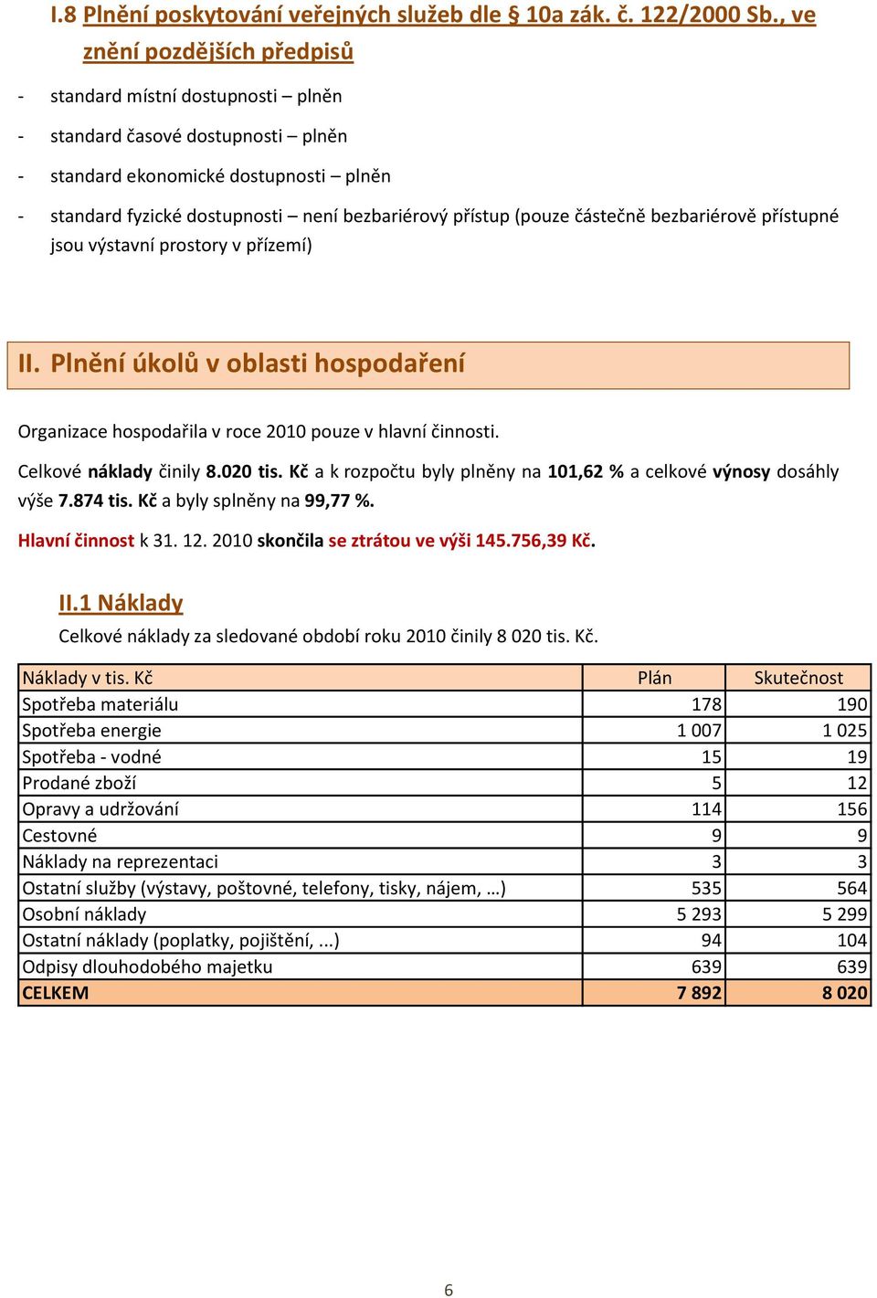 (pouze částečně bezbariérově přístupné jsou výstavní prostory v přízemí) II. Plnění úkolů v oblasti hospodaření Organizace hospodařila v roce 2010 pouze v hlavní činnosti. Celkové náklady činily 8.