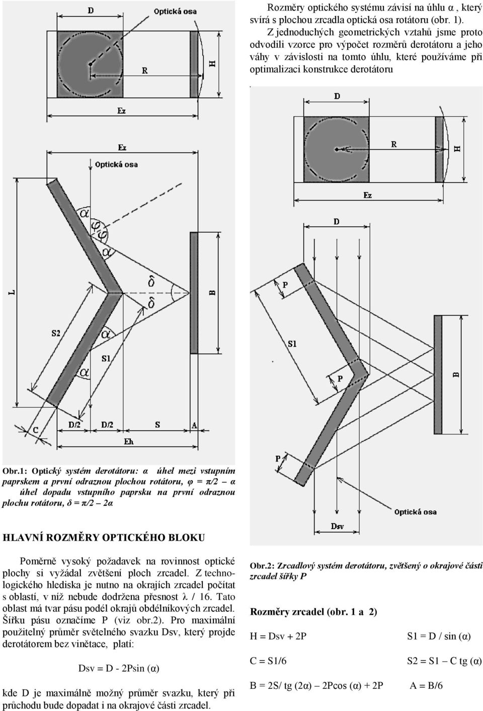 1: Optický systém derotátoru: α úhel mezi vstupním paprskem a první odraznou plochou rotátoru, φ = π/2 α úhel dopadu vstupního paprsku na první odraznou plochu rotátoru, δ = π/2 2α HLAVNÍ ROZMĚRY