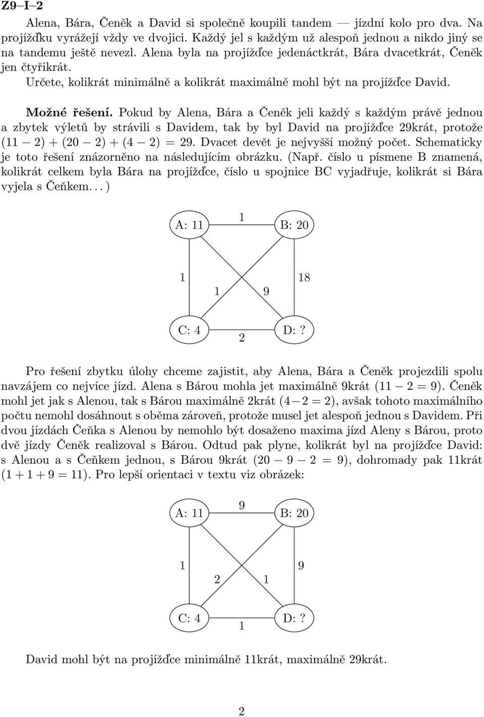 PokudbyAlena,BáraaČeněkjelikaždýskaždýmprávějednou azbytekvýletůbystrávilisdavidem,takbybyldavidnaprojížďce29krát,protože ( 2)+(20 2)+(4 2)=29.Dvacetdevětjenejvyššímožnýpočet.