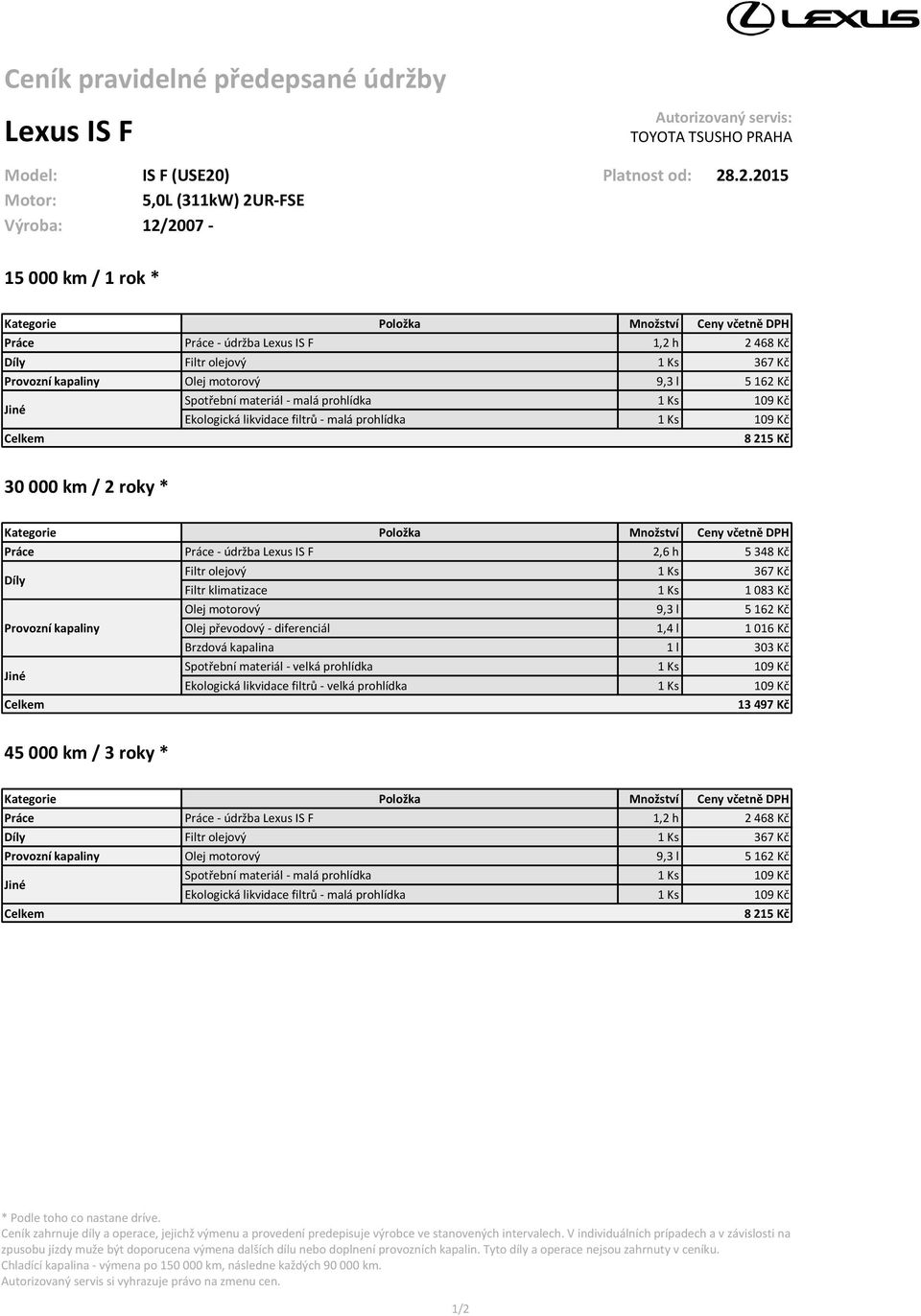 .2.2015 Motor: 5,0L (311kW) 2UR-FSE Výroba: 12/2007-15 000 km / 1 rok * Práce Práce - údržba Lexus IS F 1,2 h 2 468 Kč Filtr olejový 1 Ks 367