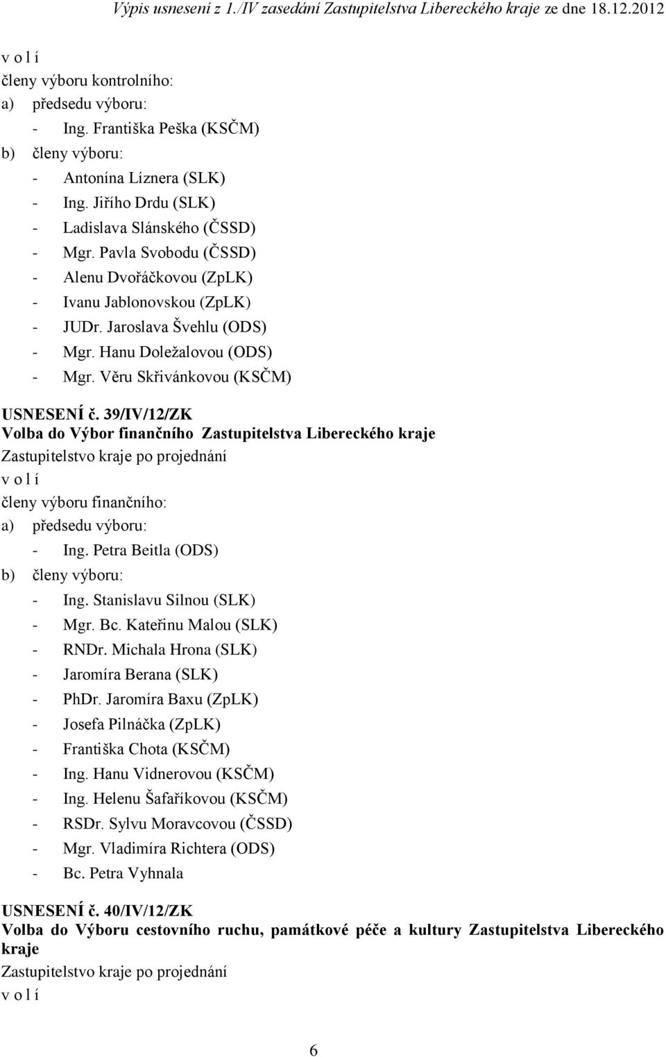 39/IV/12/ZK Volba do Výbor finančního Zastupitelstva Libereckého kraje členy výboru finančního: a) předsedu výboru: - Ing. Petra Beitla (ODS) b) členy výboru: - Ing. Stanislavu Silnou (SLK) - Mgr. Bc.