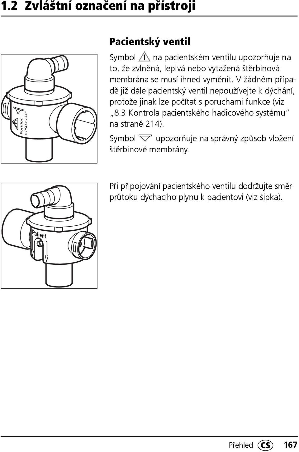 V žádném případě již dále pacientský ventil nepoužívejte k dýchání, protože jinak lze počítat s poruchami funkce (viz 8.