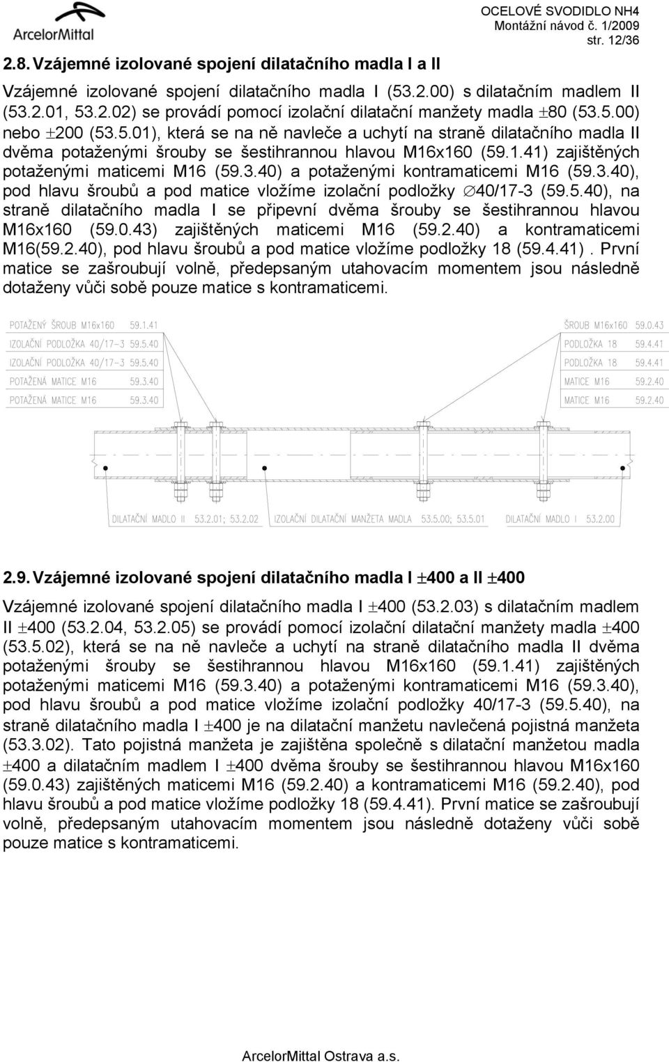 3.40), pod hlavu šroubů a pod matice vložíme izolační podložky 40/17-3 (59.5.40), na straně dilatačního madla I se připevní dvěma šrouby se šestihrannou hlavou M16x160 (59.0.43) zajištěných maticemi M16 (59.