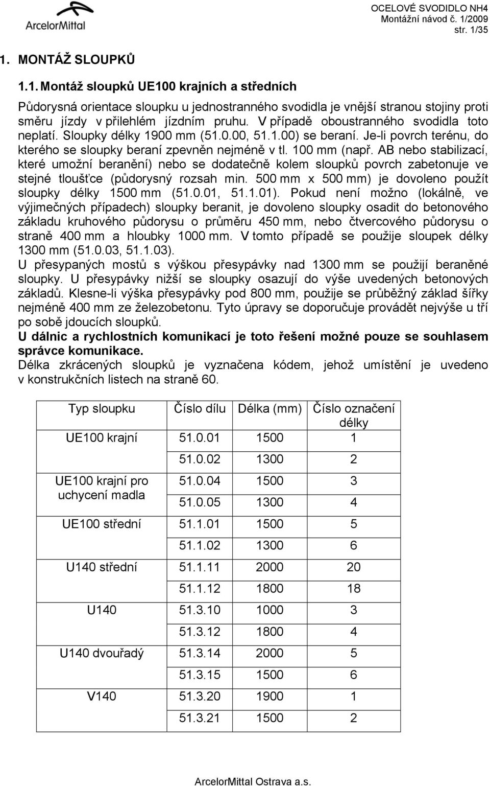 AB nebo stabilizací, které umožní beranění) nebo se dodatečně kolem sloupků povrch zabetonuje ve stejné tloušťce (půdorysný rozsah min. 500 mm x 500 mm) je dovoleno použít sloupky délky 1500 mm (51.0.01, 51.