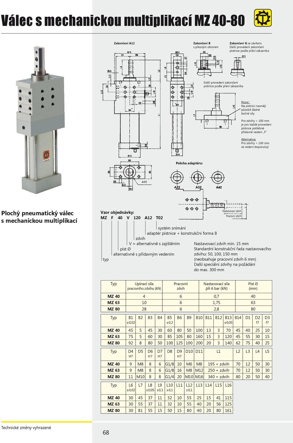 Pro zdvihy > 100 mm je pro každé provedení pístnice potřebné přídavné vedení F Alternativa: Pro zdvihy < 100 mm se vedení doporučují Poloha adaptéru: Plochý pneumatický válec s mechanickou