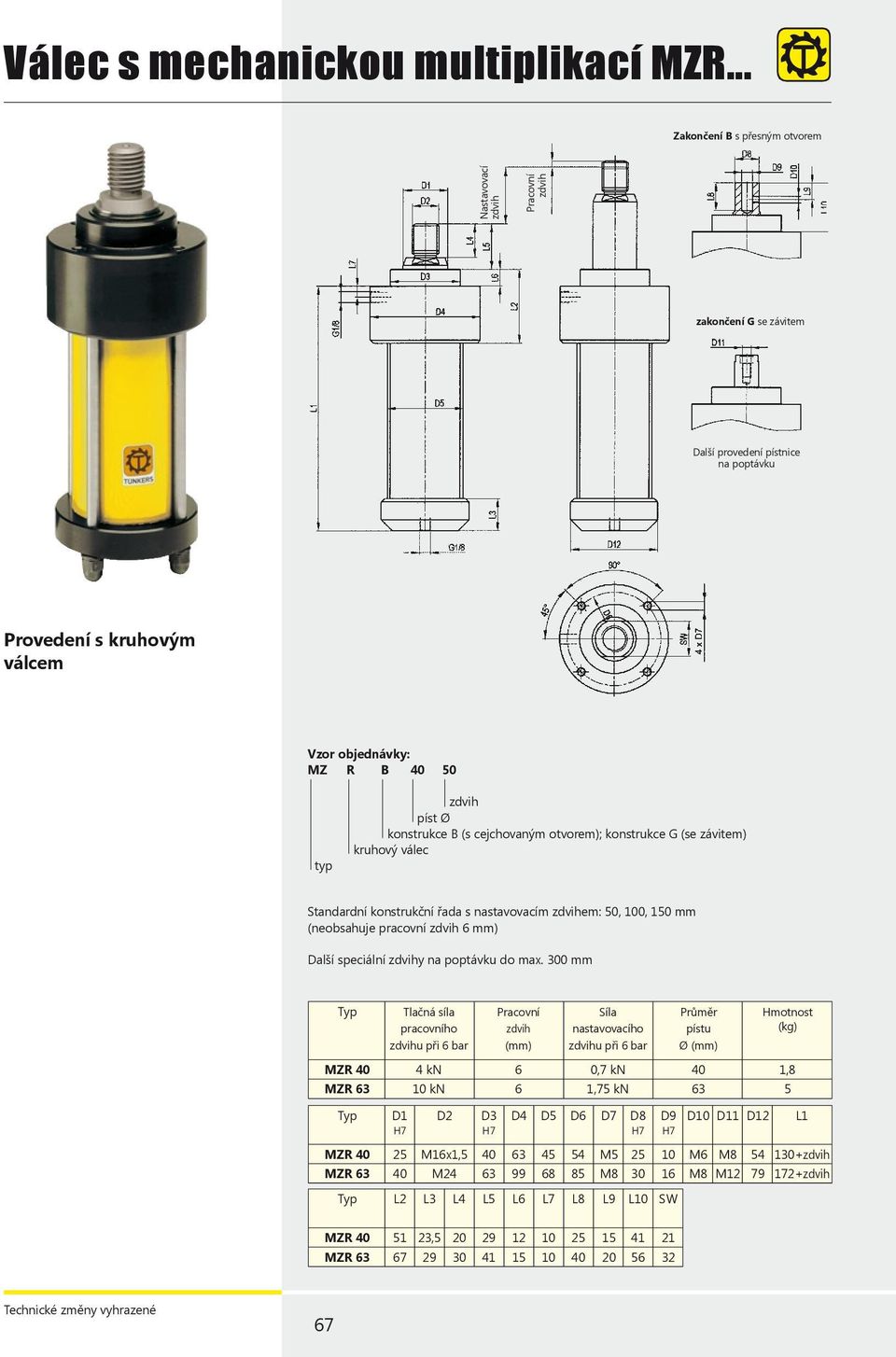 Ø konstrukce B (s cejchovaným otvorem); konstrukce G (se závitem) kruhový válec Standardní konstrukční řada s nastavovacím zdvihem: 50, 100, 150 mm (neobsahuje pracovní zdvih 6 mm) Další speciální