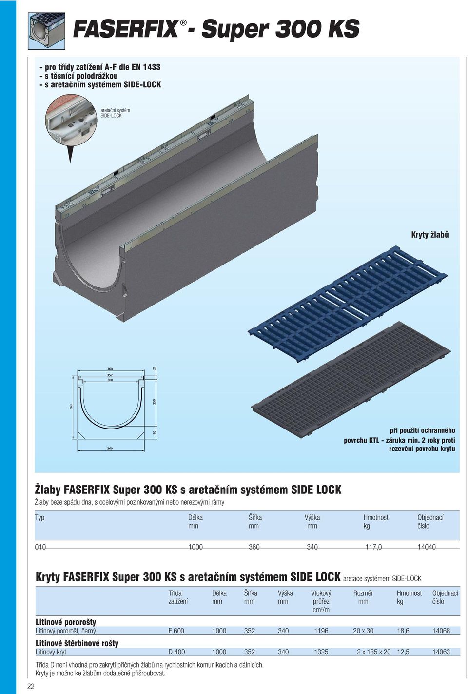 Objednací mm mm mm kg číslo 010 1000 360 340 117,0 14040 22 Kryty FASERFIX Super 300 KS s aretačním systémem SIDE LOCK aretace systémem SIDE-LOCK Třída Délka Šířka Výška Vtokový Rozměr Hmotnost