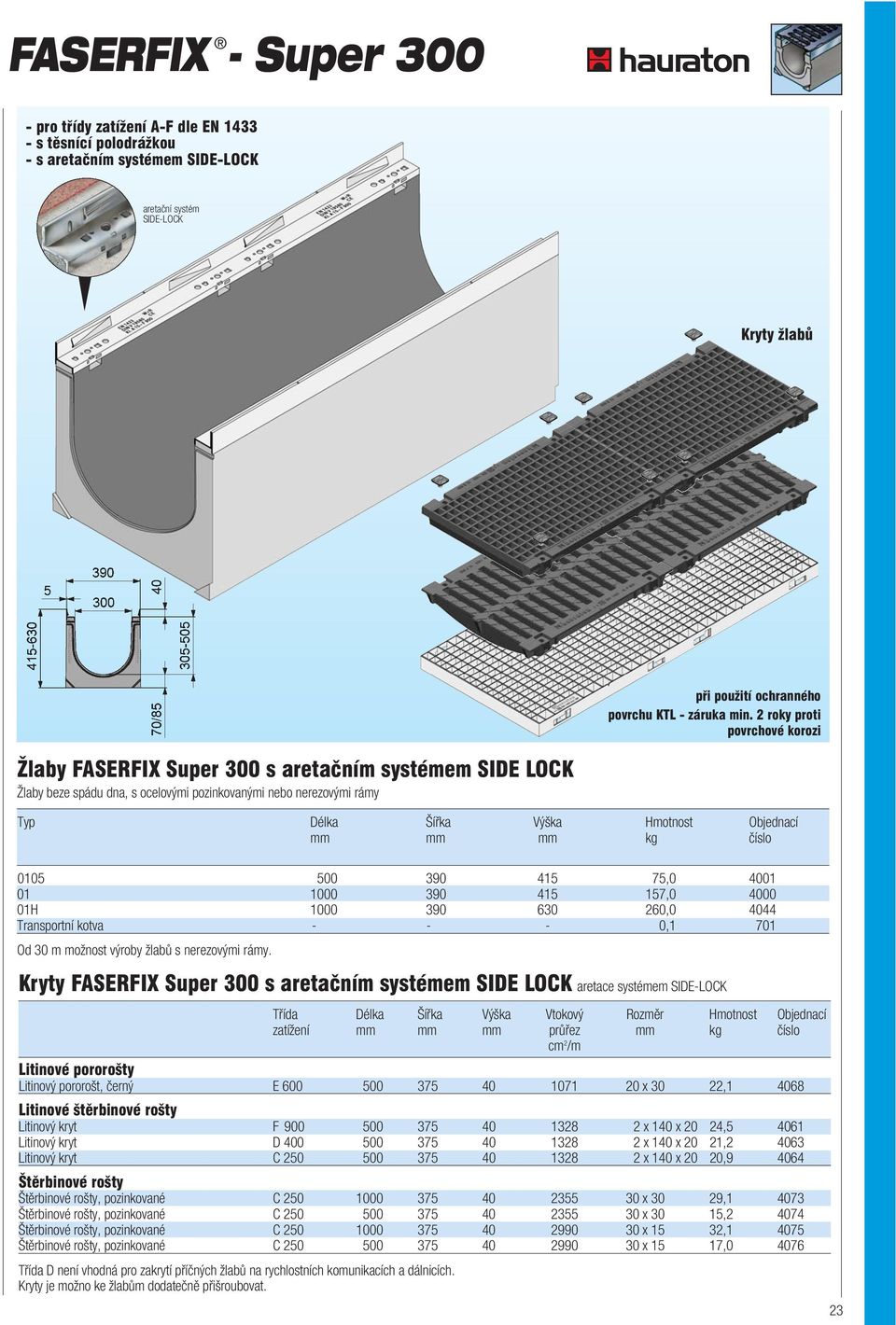 Objednací mm mm mm kg číslo 0105 500 390 415 75,0 4001 01 1000 390 415 157,0 4000 01H 1000 390 630 260,0 4044 Transportní kotva - - - 0,1 701 Od 30 m možnost výroby žlabů s nerezovými rámy.