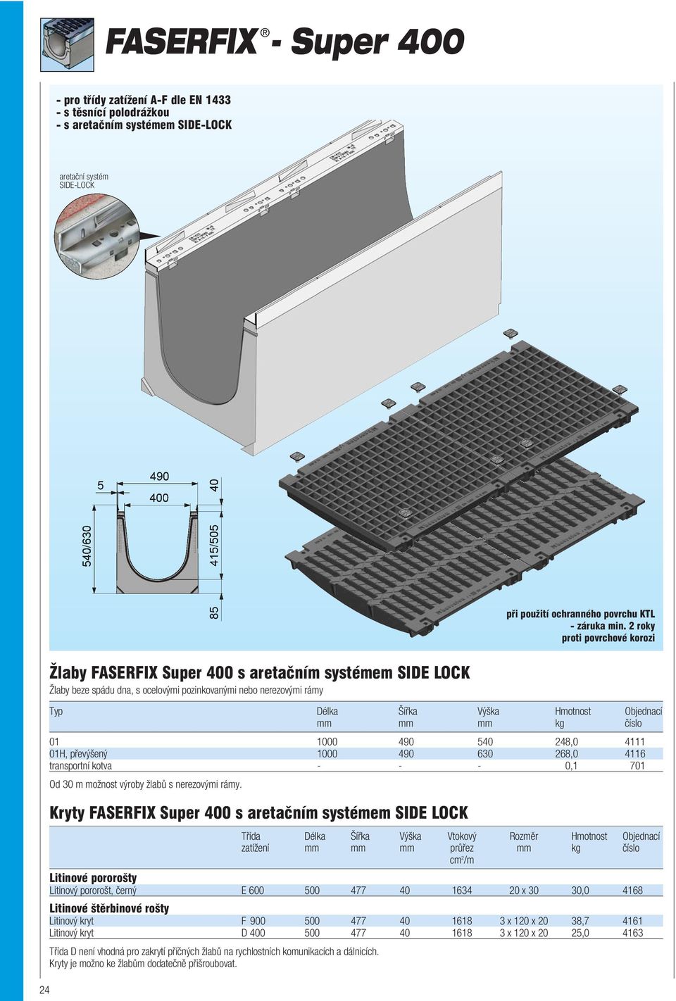 mm mm mm kg číslo 01 1000 490 540 248,0 4111 01H, převýšený 1000 490 630 268,0 4116 transportní kotva - - - 0,1 701 Od 30 m možnost výroby žlabů s nerezovými rámy.