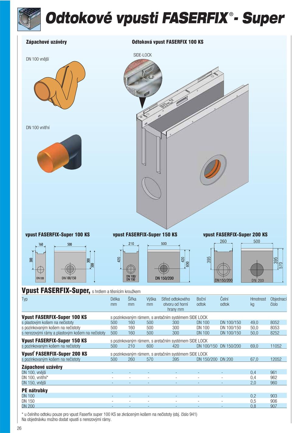 FASERFIX-Super 100 KS s pozinkovaným rámem, s aretačním systémem SIDE LOCK s plastovým košem na nečistoty 500 160 500 300 DN 100 DN 100/150 49,0 8052 s pozinkovaným košem na nečistoty 500 160 500 300