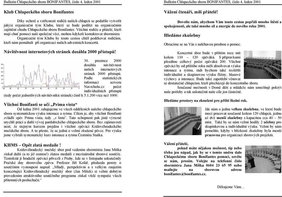 Organizační tým Klubu by touto cestou chtěl poděkovat rodičům, kteří nám pomáhali při organizaci našich adventních koncertů. Návštěvnost internetových stránek dosáhla 2000 přístupů! 30.