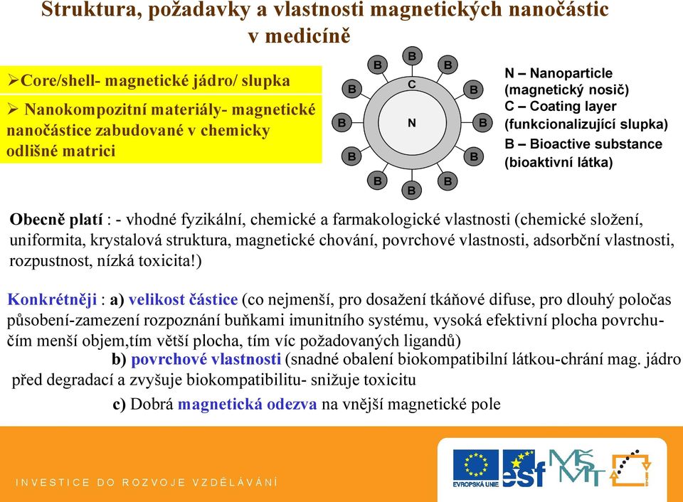 složení, uniformita, krystalová struktura, magnetické chování, povrchové vlastnosti, adsorbční vlastnosti, rozpustnost, nízká toxicita!