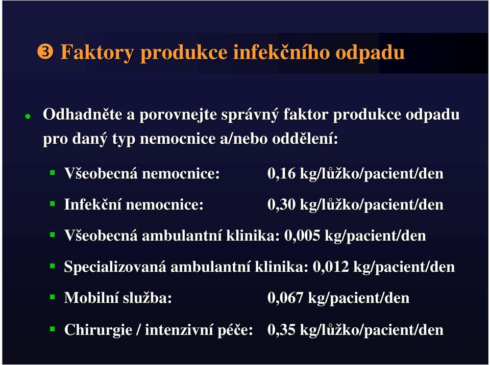 kg/lůž ůžko/pacient/den Všeobecná ambulantní klinika: 0,005005 kg/pacient/den Specializovaná ambulantní