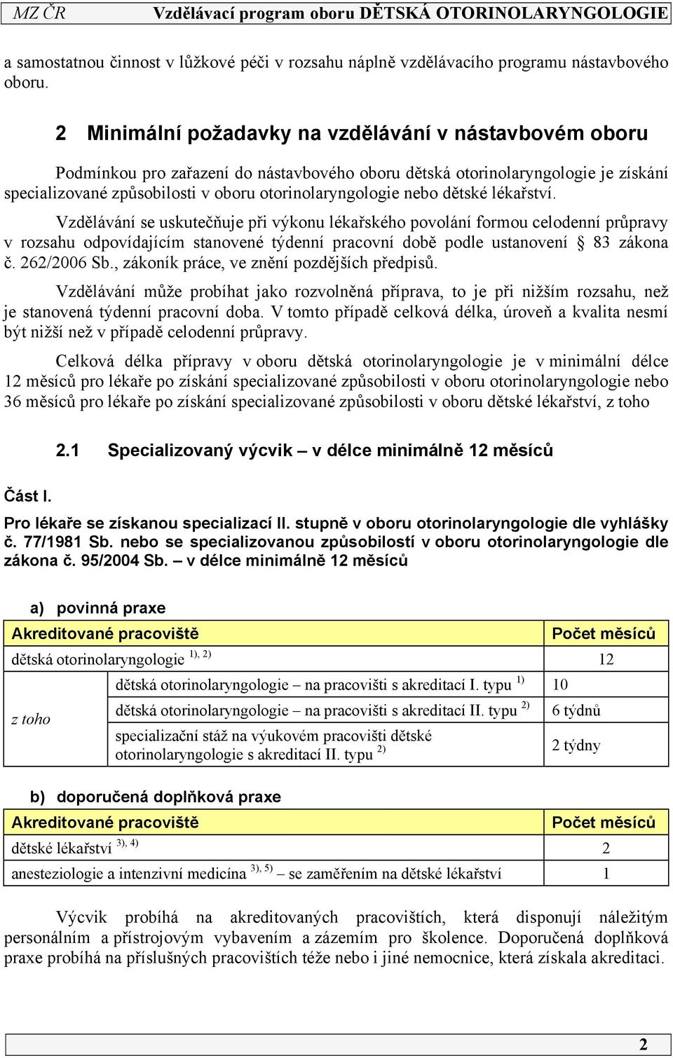 dětské lékařství. Vzdělávání se uskutečňuje při výkonu lékařského povolání formou celodenní průpravy v rozsahu odpovídajícím stanovené týdenní pracovní době podle ustanovení 83 zákona č. 262/2006 Sb.