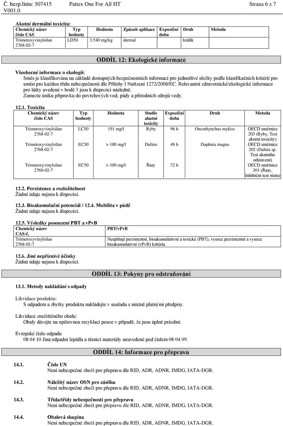 klasifikačních kritérií pro směsi pro každou třídu nebezpečnosti dle Přílohy I Nařízení 1272/2008/EC. Relevantní zdravotnické/ekologické informace pro látky uvedené v bodě 3 jsou k dispozici následně.