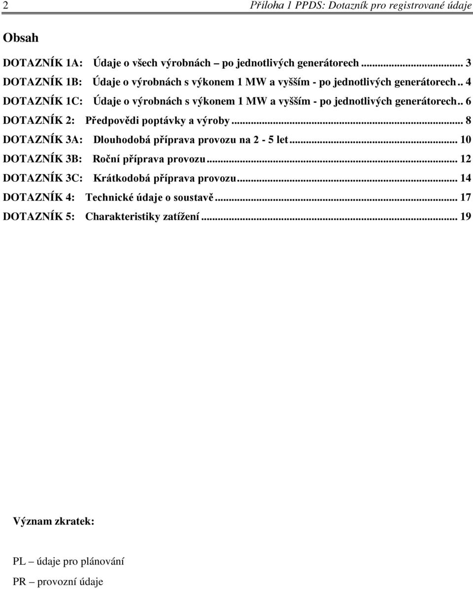. 4 DOTAZNÍK 1C: Údaje o výrobnách s výkonem 1 a vyšším - po jednotlivých generátorech.. 6 DOTAZNÍK 2: Předpovědi poptávky a výroby.