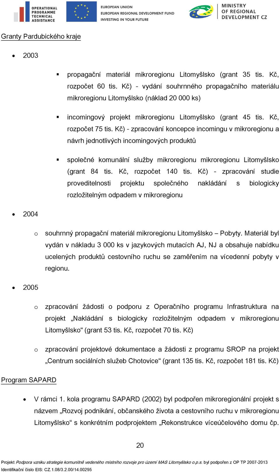 Kč) - zpracování koncepce incomingu v mikroregionu a návrh jednotlivých incomingových produktů společné komunální služby mikroregionu mikroregionu Litomyšlsko (grant 84 tis. Kč, rozpočet 140 tis.