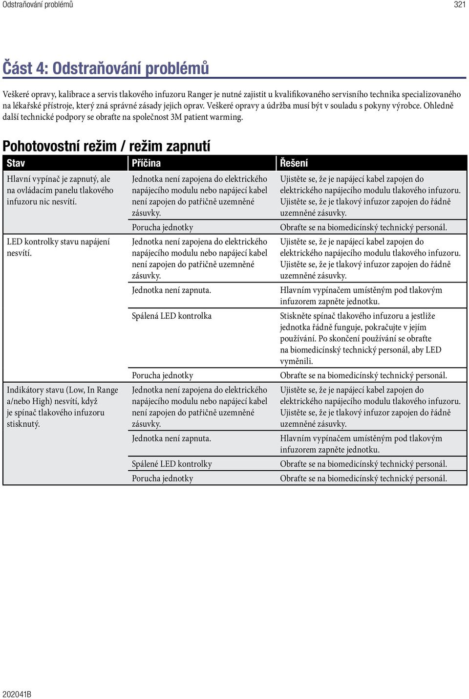 Pohotovostní režim / režim zapnutí Stav Příčina Řešení Hlavní vypínač je zapnutý, ale na ovládacím panelu tlakového infuzoru nic nesvítí. LED kontrolky stavu napájení nesvítí.